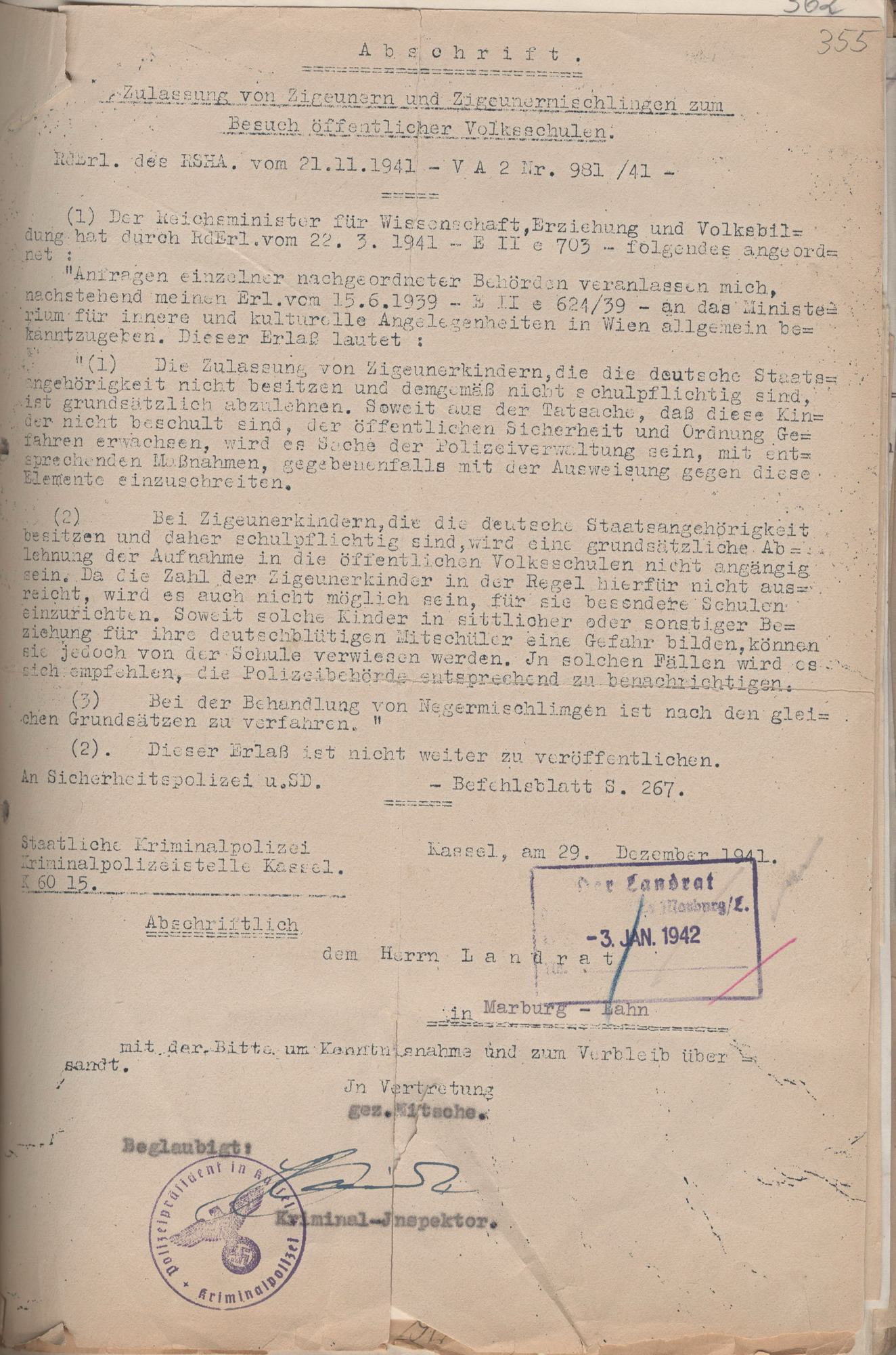 Runderlass des Reichssicherheitshauptamtes zur Frage der Beschulung von Sinti und Roma, 22. November 1941