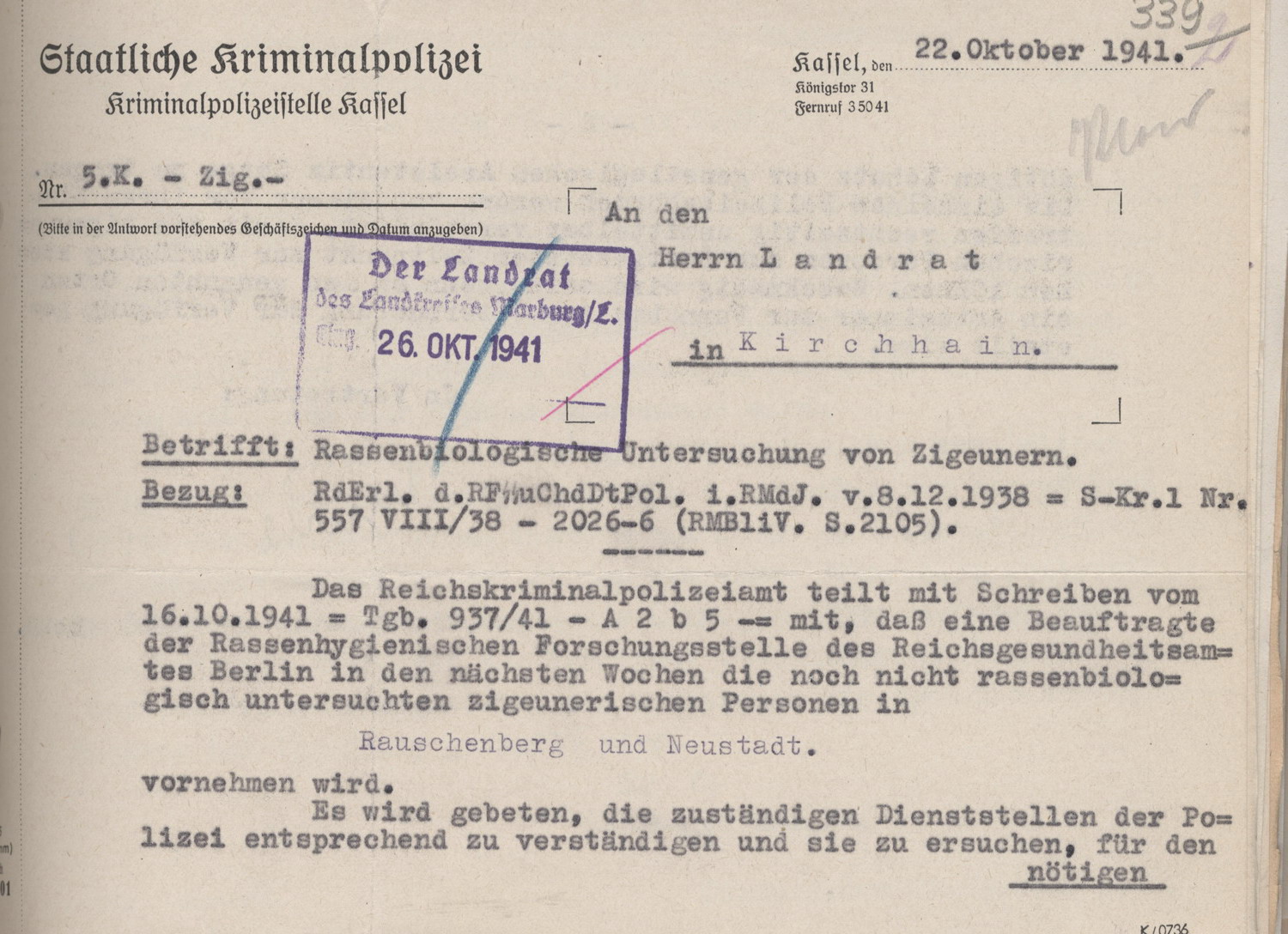 Schreiben der Kriminalpolizeistelle Kassel an den Landrat in Marburg mit der Ankündigung einer Mitarbeiterin der Rassenhygienischen Forschungsstelle, 22. Oktober 1941