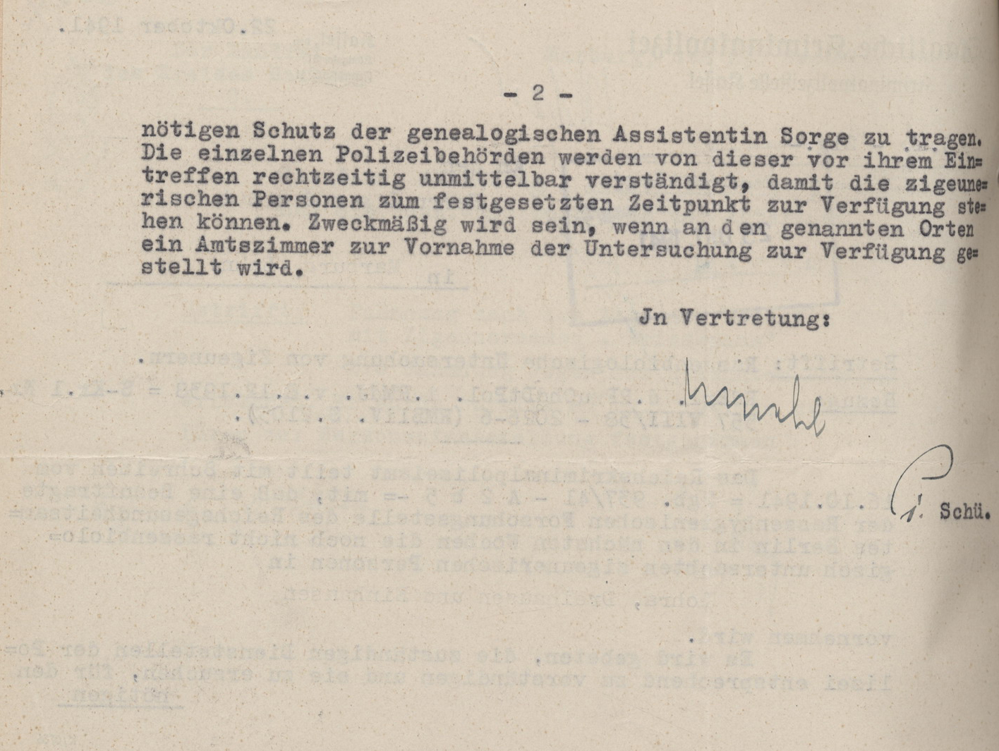 Schreiben der Kriminalpolizeistelle Kassel an den Landrat in Marburg mit der Ankündigung einer Mitarbeiterin der Rassenhygienischen Forschungsstelle, 22. Oktober 1941