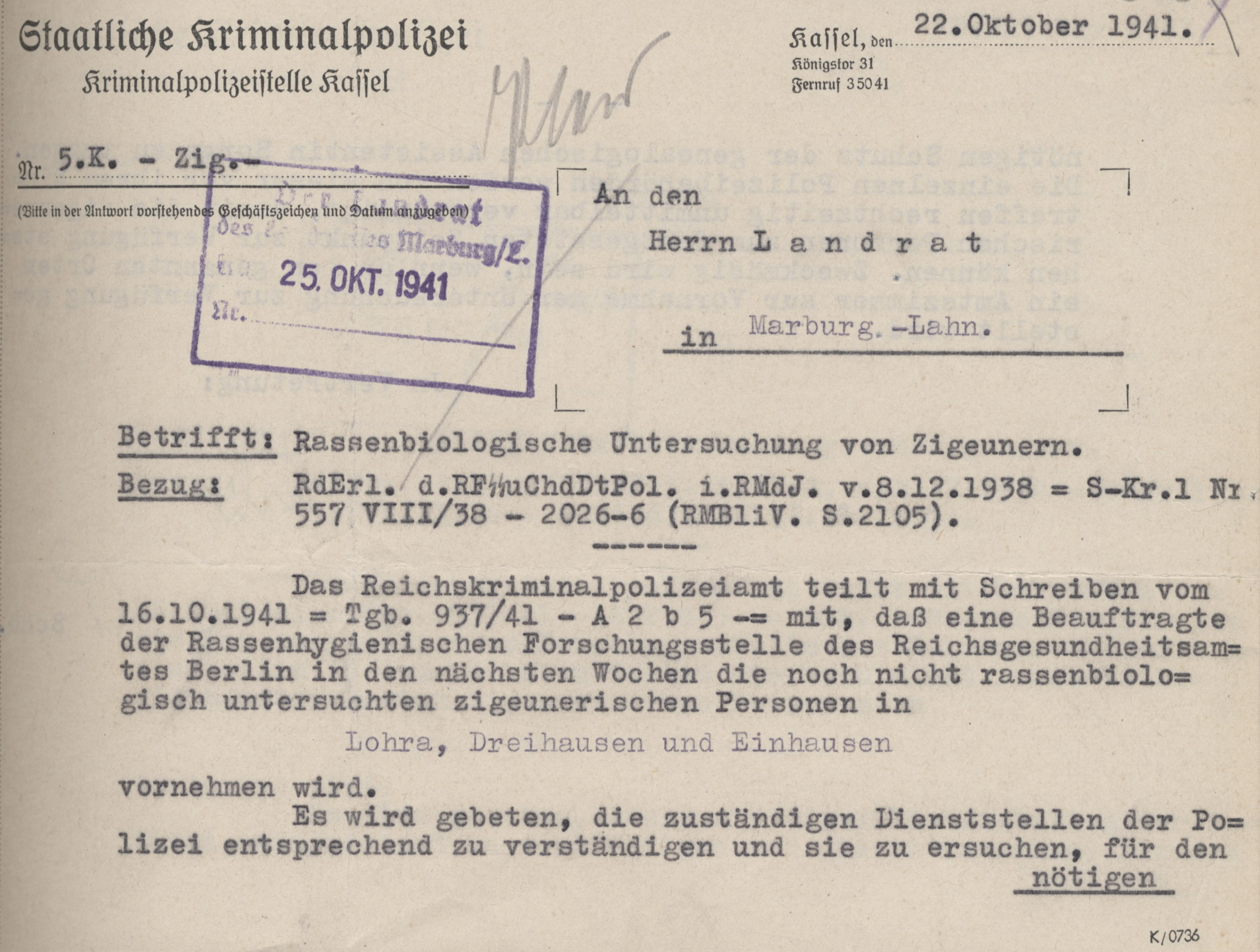 Schreiben der Kriminalpolizeistelle Kassel an den Landrat in Marburg mit der Ankündigung einer Mitarbeiterin der Rassenhygienischen Forschungsstelle, 22. Oktober 1941