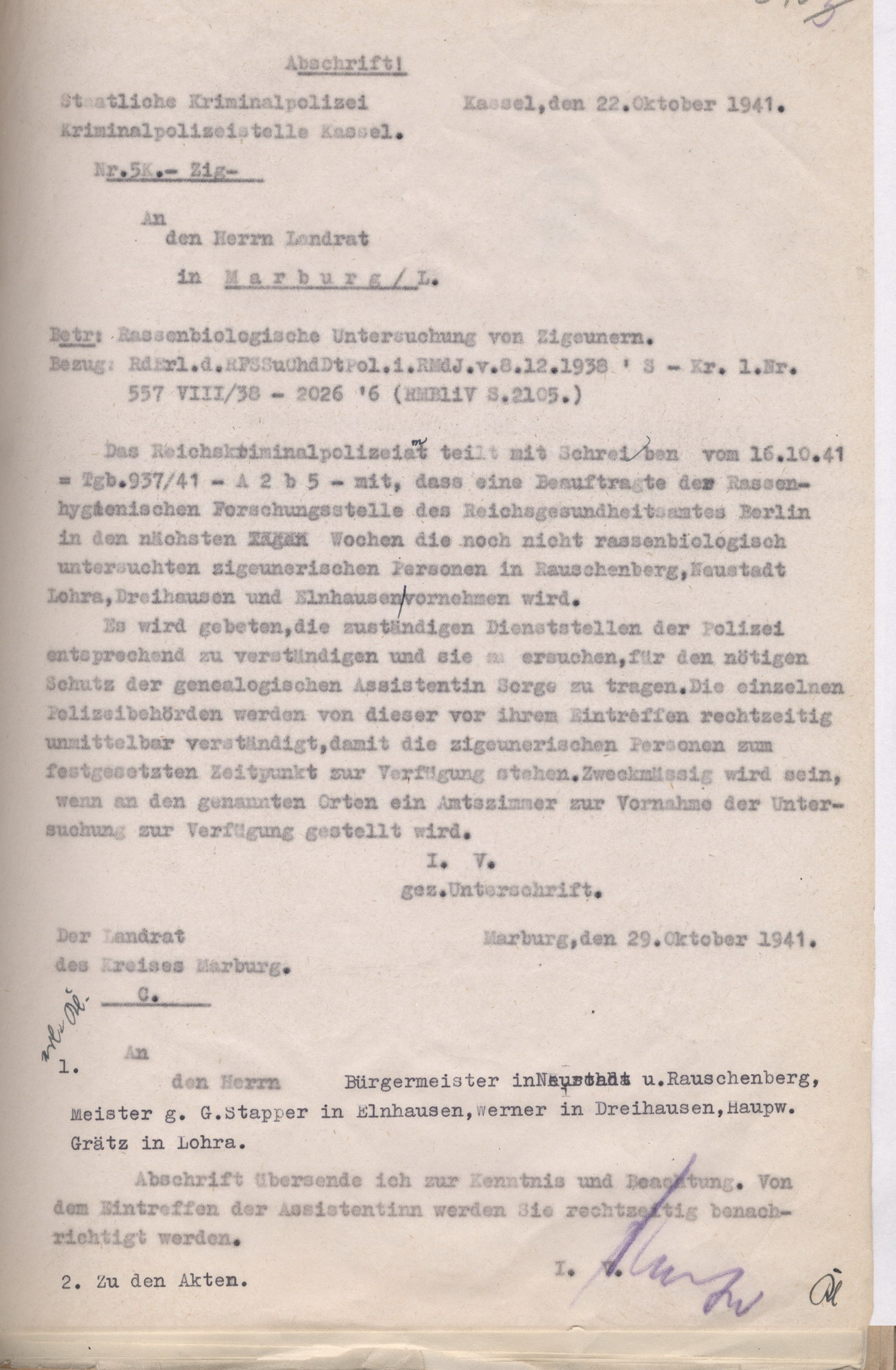 Schreiben der Kriminalpolizeistelle Kassel an den Landrat in Marburg mit der Ankündigung von Untersuchungen der Rassenhygienischen Forschungsstelle im Landkreis, 22. Oktober 1941