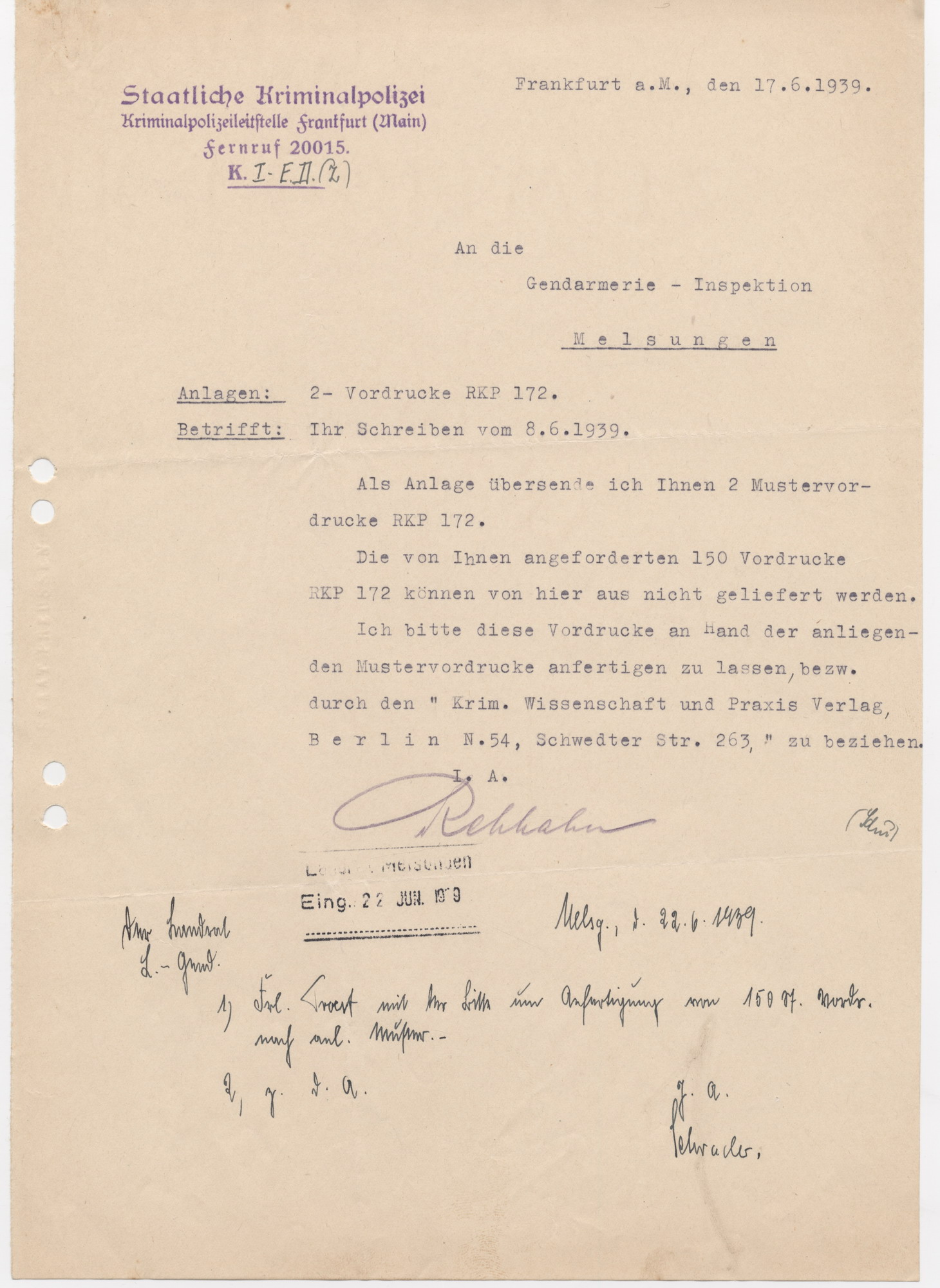 Schreiben der Kriminalpolizeileitstelle Frankfurt an die Gendarmerie-Inspektion Melsungen zur Durchführung der Erfassung der Sinti und Roma, 17. Juni 1939