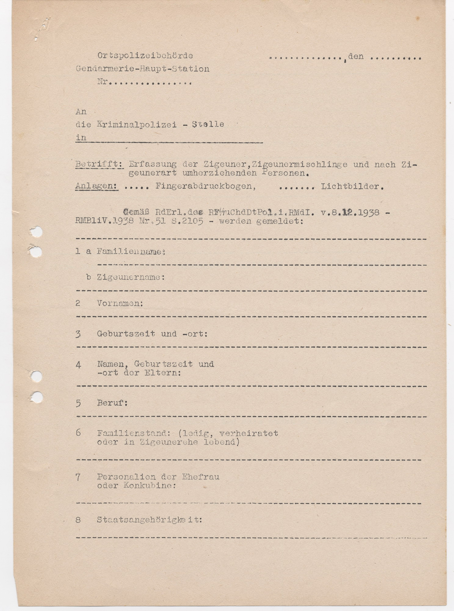 Schreiben der Kriminalpolizeileitstelle Frankfurt an die Gendarmerie-Inspektion Melsungen zur Durchführung der Erfassung der Sinti und Roma, 17. Juni 1939