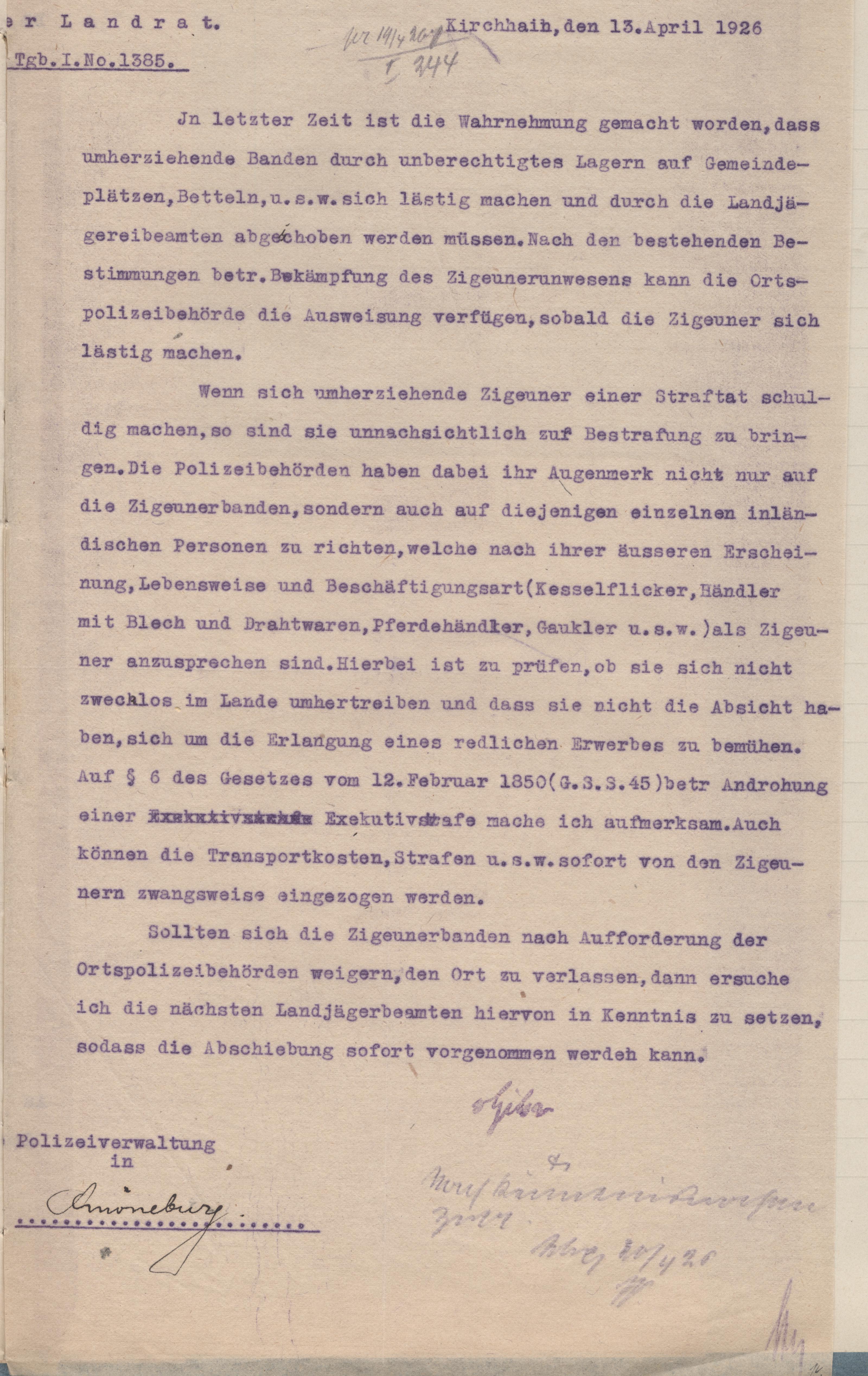 Verfügung des Landrats von Kirchhain zur Abschiebung von Sinti und Roma, 13. April 1926