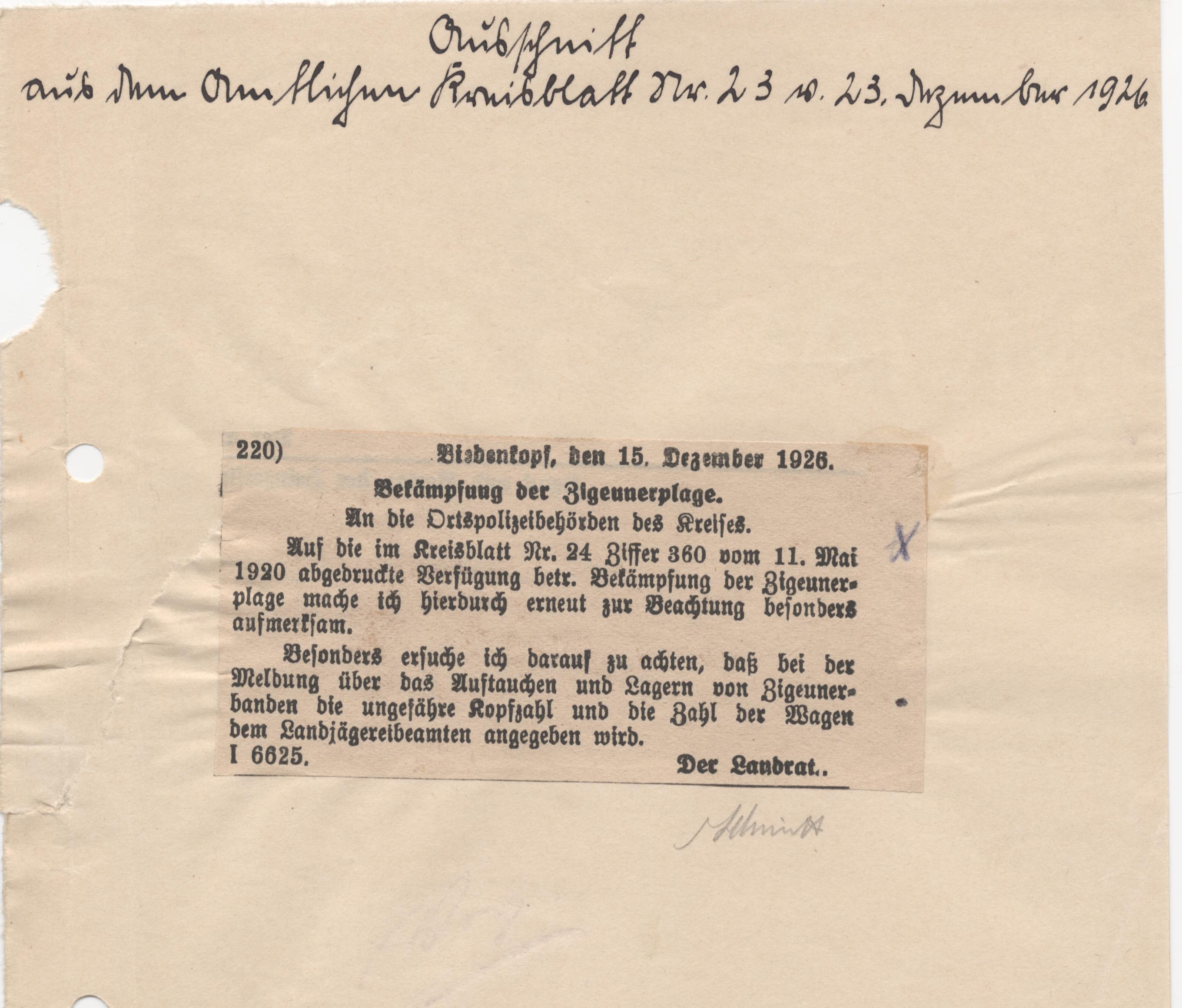 Verfügung des Landrats von Biedenkopf zur Beobachtung und Erfassung von Sinti und Roma, 15. Dezember 1926
