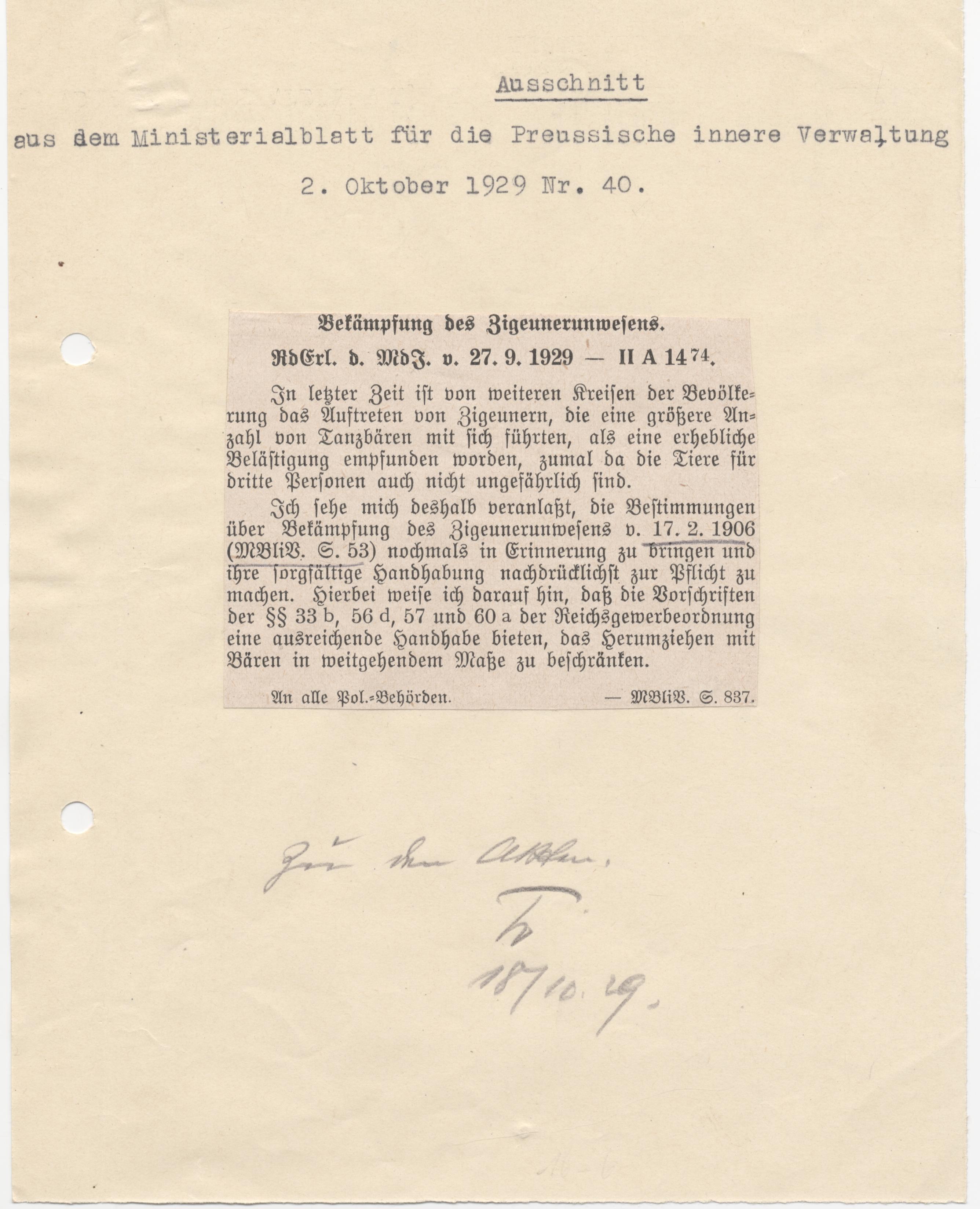 Runderlass des Preußischen Ministers des Innern mit der Aufforderung an die nachgeordneten Behörden, die älteren Erlass zu beachten, 27. September 1929