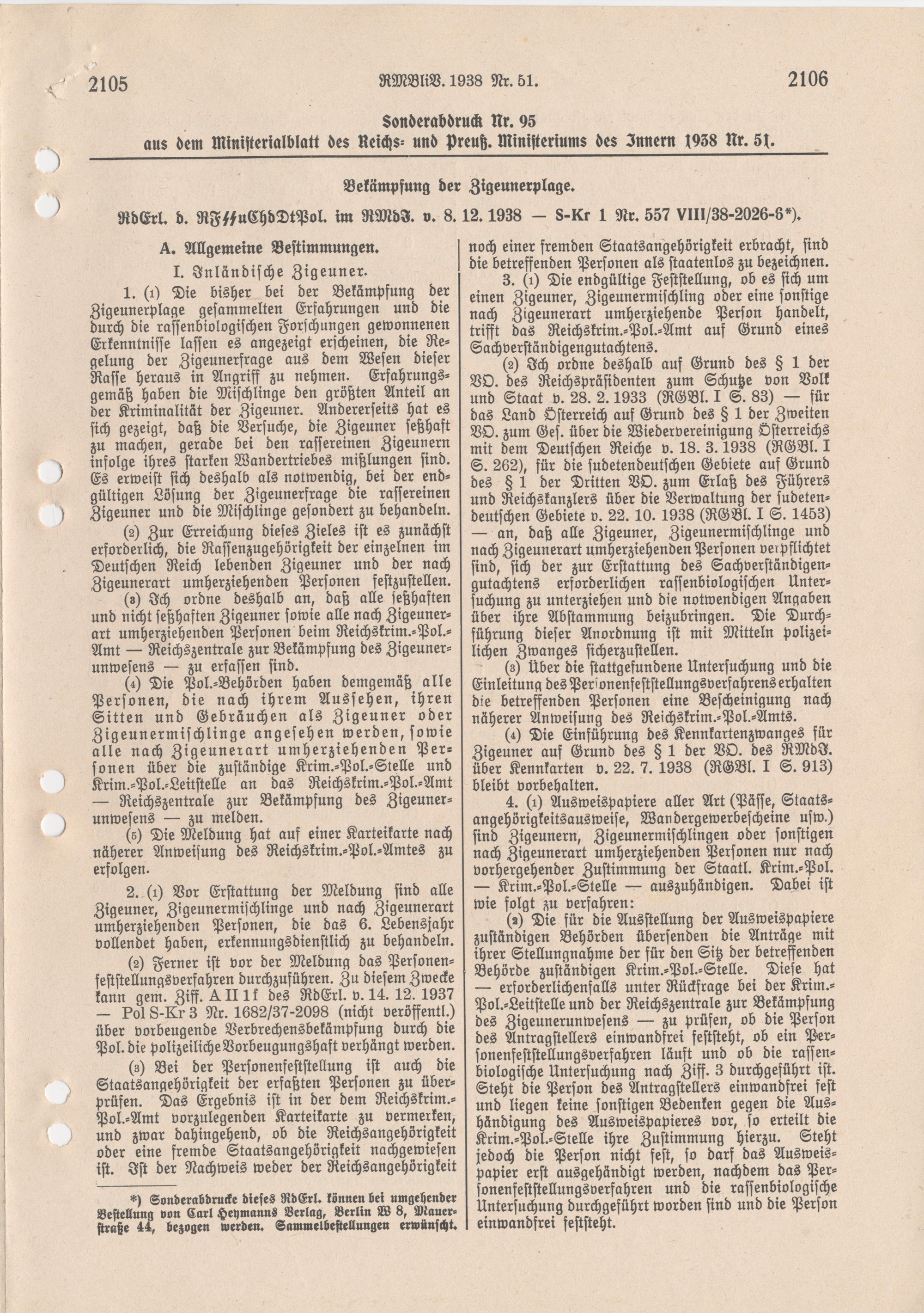 Runderlass des Reichsführers SS und Chefs der deutschen Polizei im Reichsministerium des Innern zur Erfassung der Sinti und Roma, 8. Dezember 1938