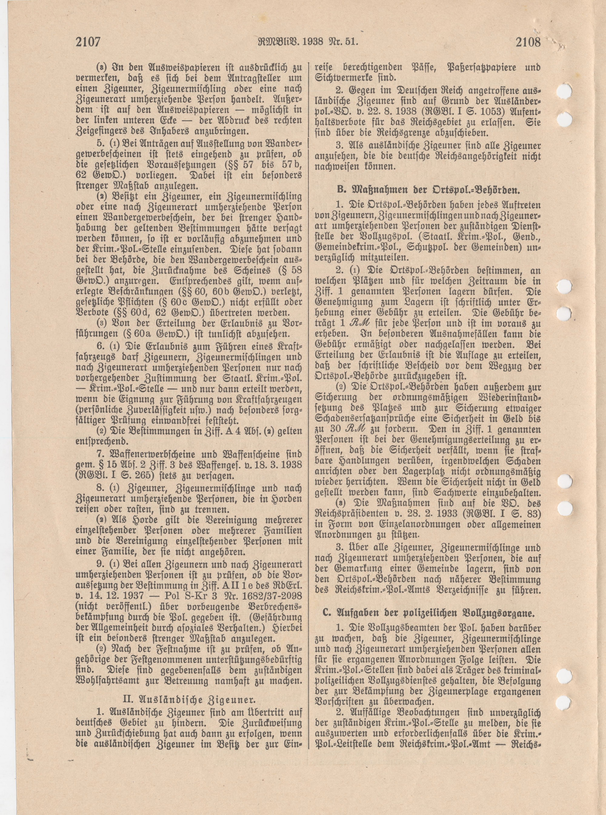 Runderlass des Reichsführers SS und Chefs der deutschen Polizei im Reichsministerium des Innern zur Erfassung der Sinti und Roma, 8. Dezember 1938