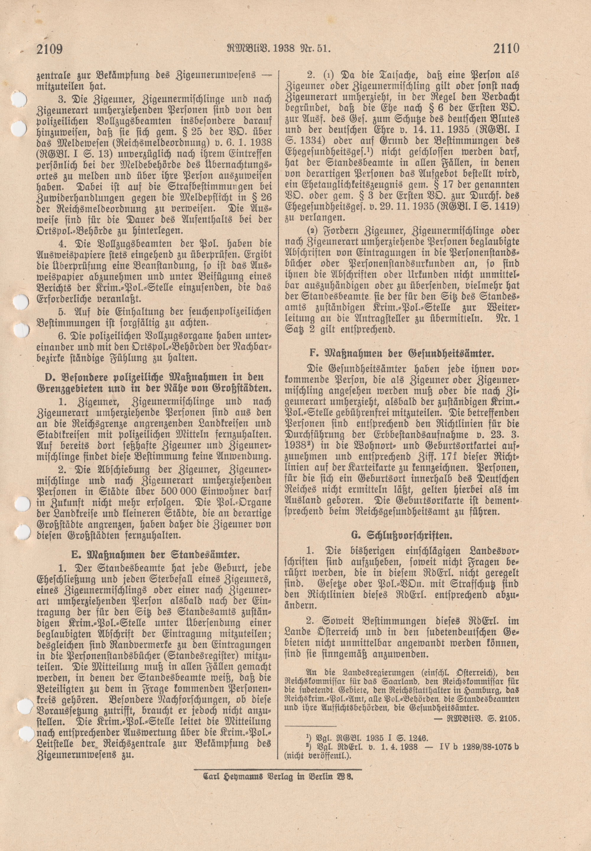 Runderlass des Reichsführers SS und Chefs der deutschen Polizei im Reichsministerium des Innern zur Erfassung der Sinti und Roma, 8. Dezember 1938