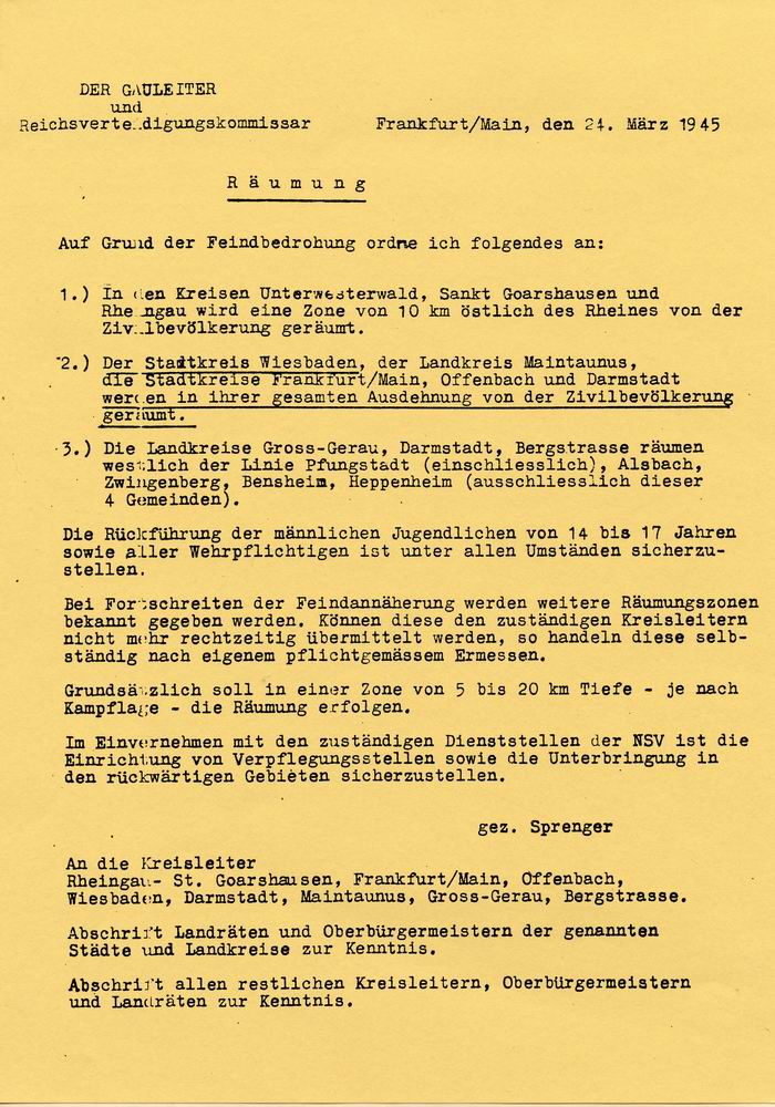 Befehl des Gauleiters Sprenger zur Räumung hessischer Kreise und Gemeinden im März 1945