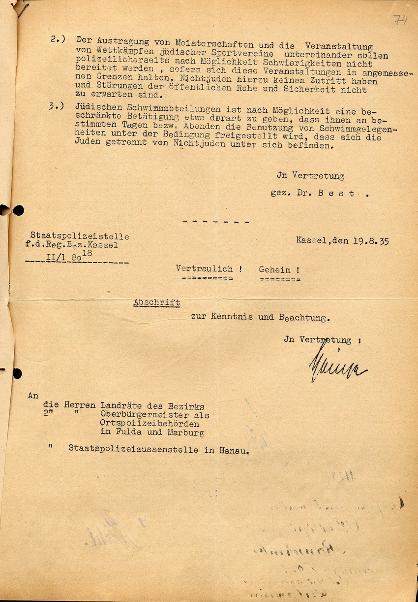 Vertrauliches und geheimes Schreiben des Geheimen Staatspolizeiamtes betreffend Betätigung jüdischer Sportorganisationen in Hinblick auf die Olympischen Spiele in Berlin, 9. August 1935.