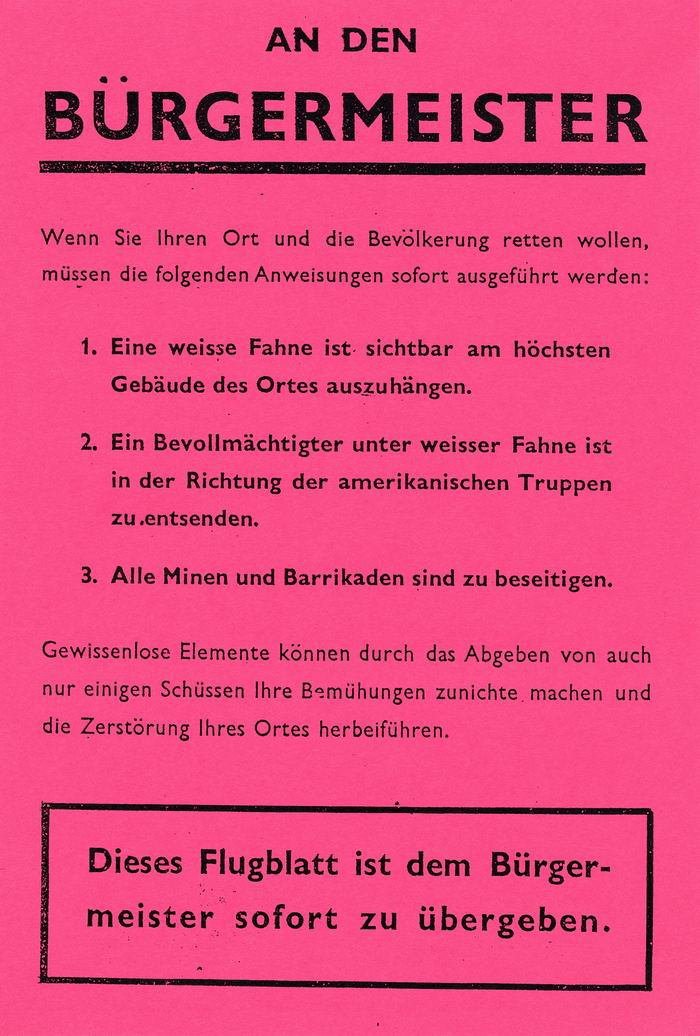 Flugblatt an die Bürgermeister:  Aufforderung zur kampflosen Übergabe
