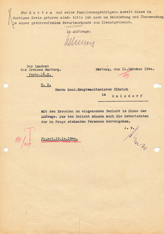 Schreiben der GeStaPo Kassel an den Landrat in Marburg. Anfrage zur "Ausbürgerung" von Katten, 8. Oktober 1940