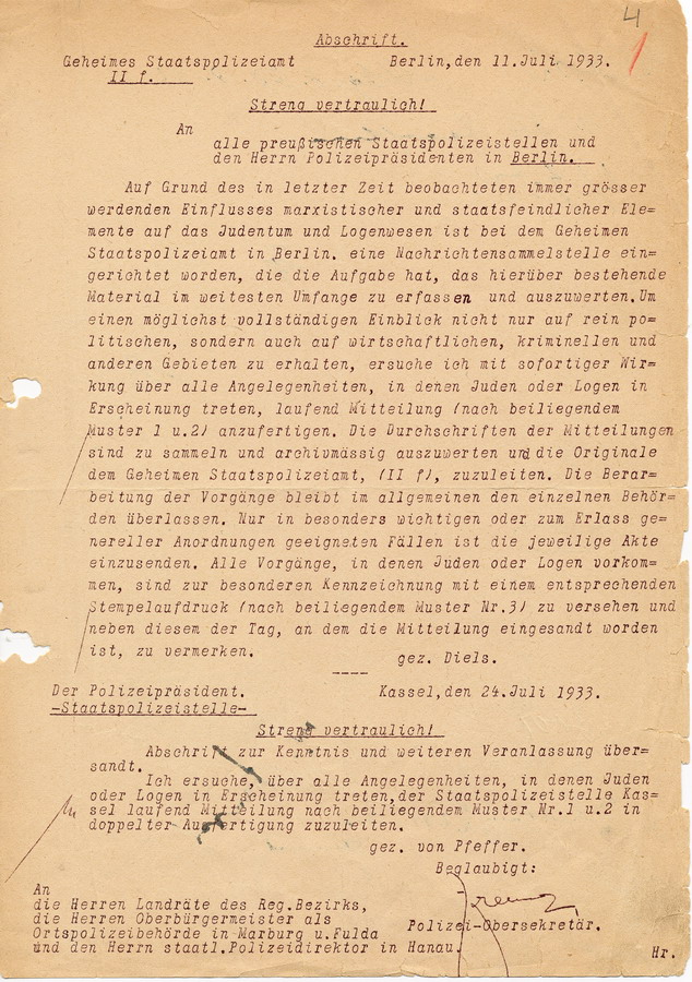 Streng vertrauliches Schreiben des Geheimen Staatspolizeiamtes zur Einrichtung einer Nachrichtensammelstelle in Berlin zur Datenerfassung der marxistischen und staatsfeindlichen Einflüsse auf das Judentum und Logenwesen, 11. Juli 1933
