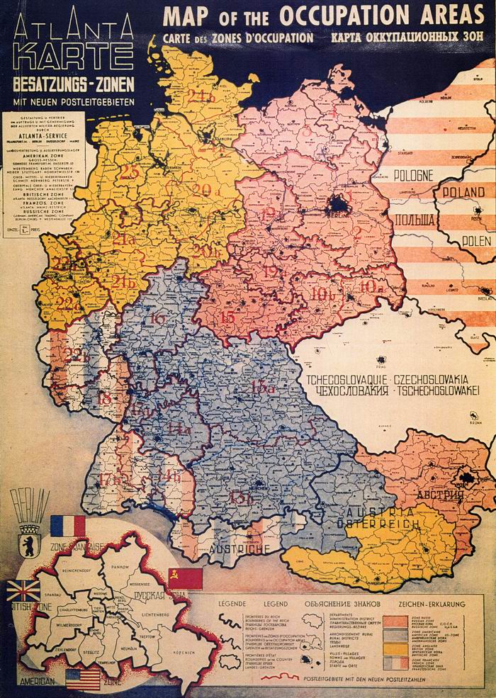 Karte: Besatzungszonen mit neuen Postleitgebieten (Map of the Occupation Areas) 1945