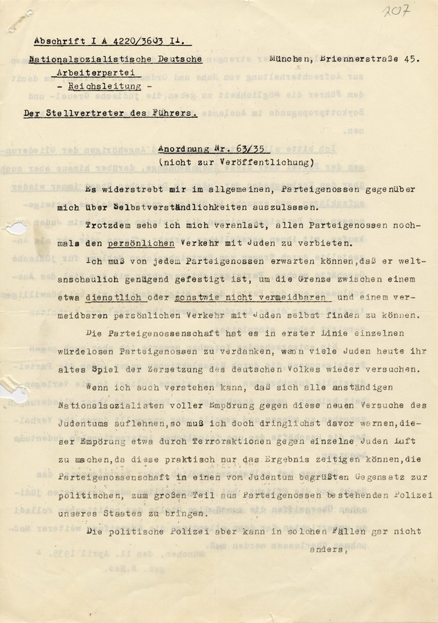 Eine nicht zur Veröffentlichung aufgestellte Anordnung des Stellvertreters des Führers, Rudolf Heß, bezüglich des Verbots des persönlichen Verkehrs der Parteianhänger mit Juden, 11. April 1935.