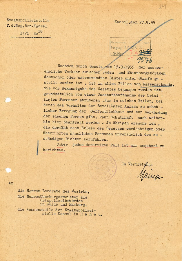 Anordnung der Staatspolizeistelle Kassel den außerehelichen Verkehr zwischen Juden und deutschen Staatsangehören betreffend, 27.09.1935