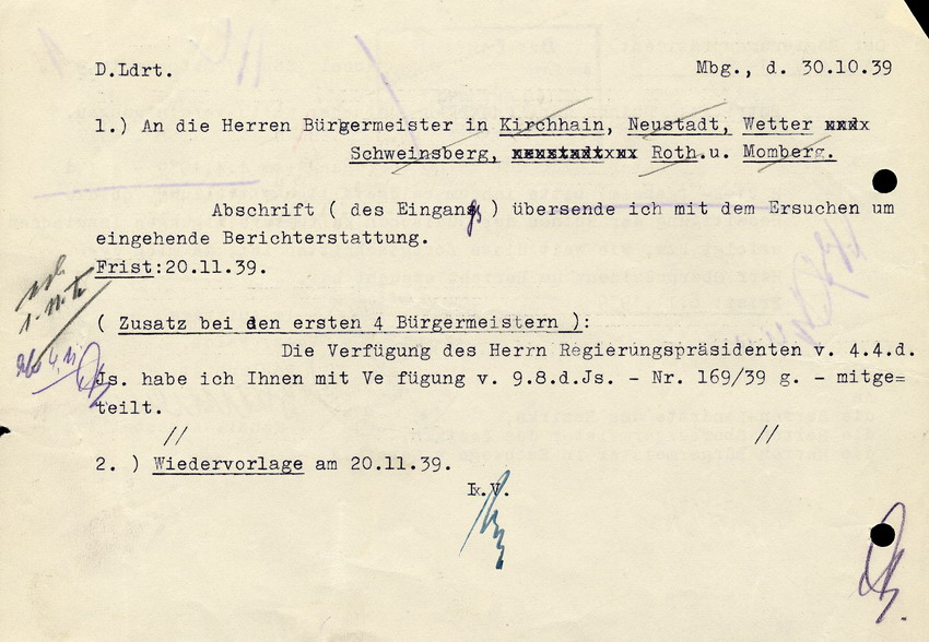 Verfügung des Regierungspräsidenten in Kassel betreffend Mitteilung über die Beseitigung der Ruinen jüdischer Kultusvereinigungen, 17. Oktober 1939.