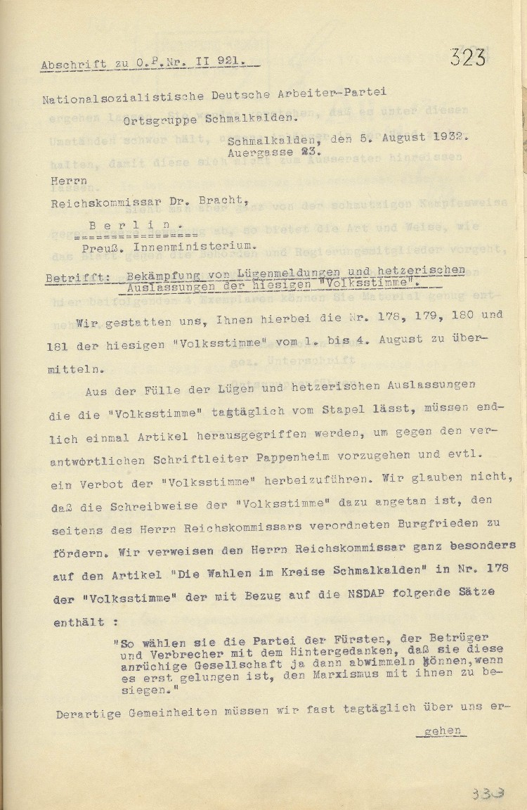 Anschreiben an den Reichskommissar Dr. Bracht, Berlin, betr. Verbot der „Volksstimme“