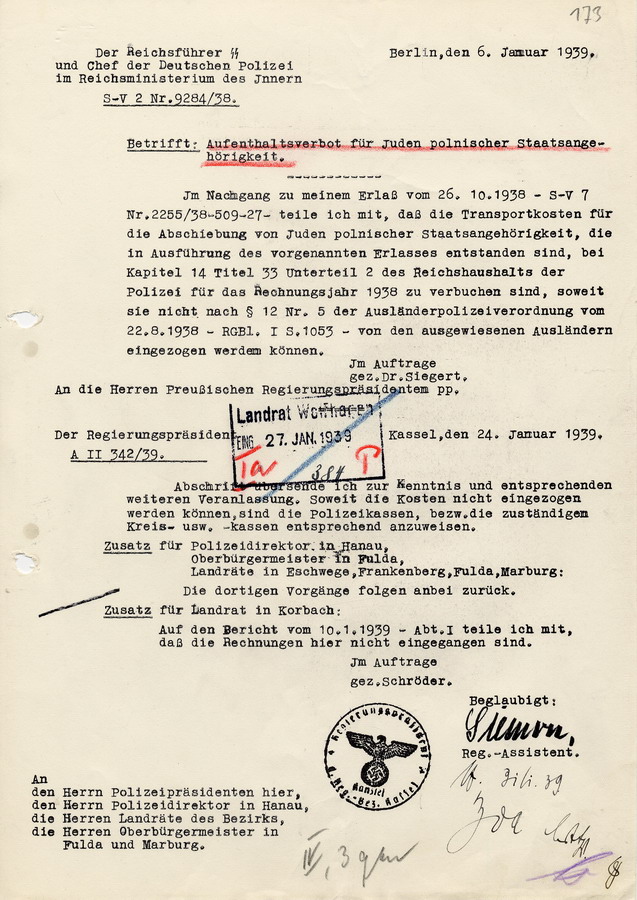 Schreiben des Reichsführers SS und Chef der Deutschen Polizei im Reichsministerium des Innern aus Berlin, Heinrich Himmler, das Aufenthaltsverbot für Juden polnischer Staatsangehörigkeit betreffend, 6. Januar 1939