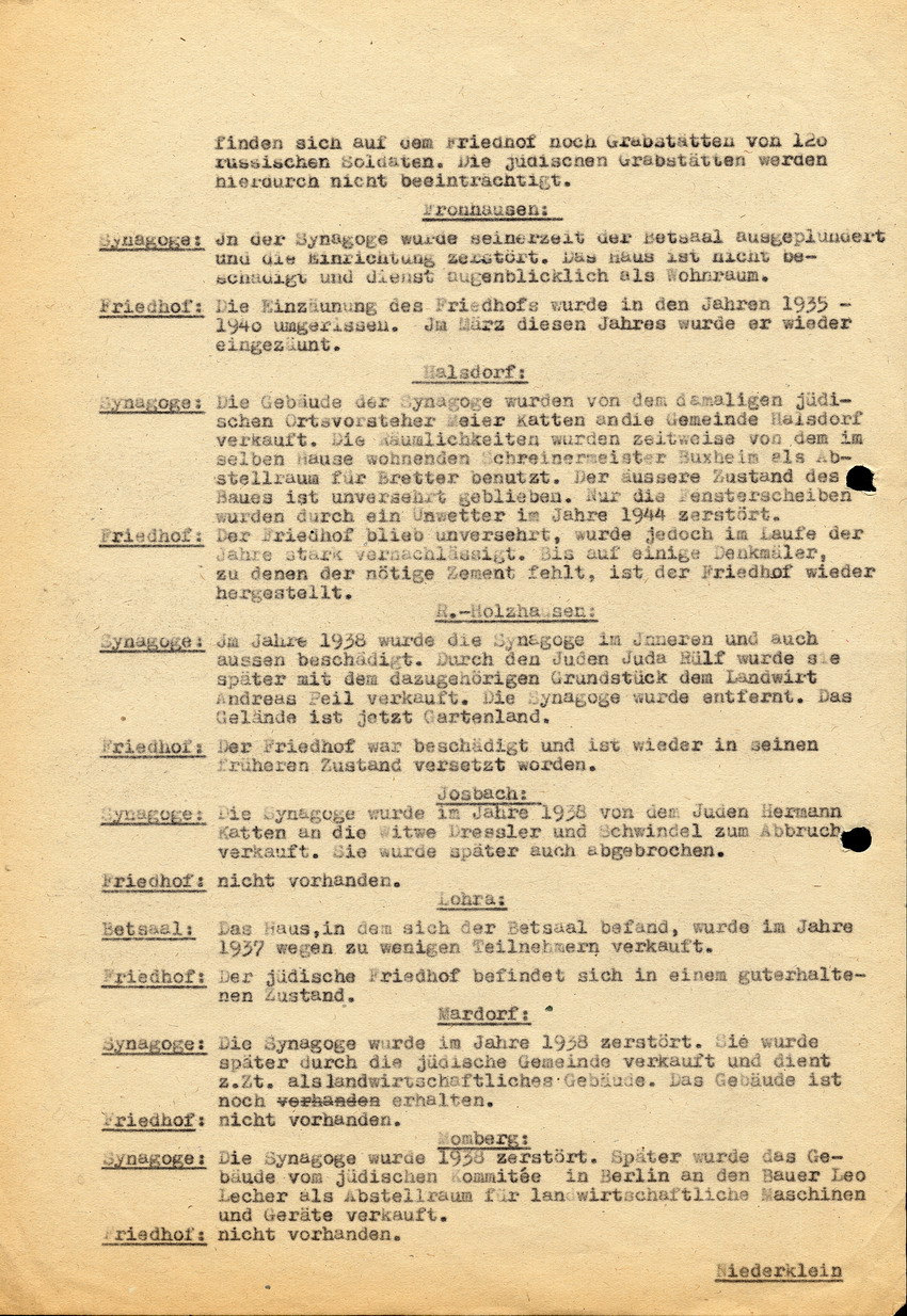 Aufstellung über die im Landkreis Marburg/Lahn vorhanden gewesenen und noch vorhandenen Synagogen, Betsäle und jüdischen Friedhöfe, 28. Mai 1946.