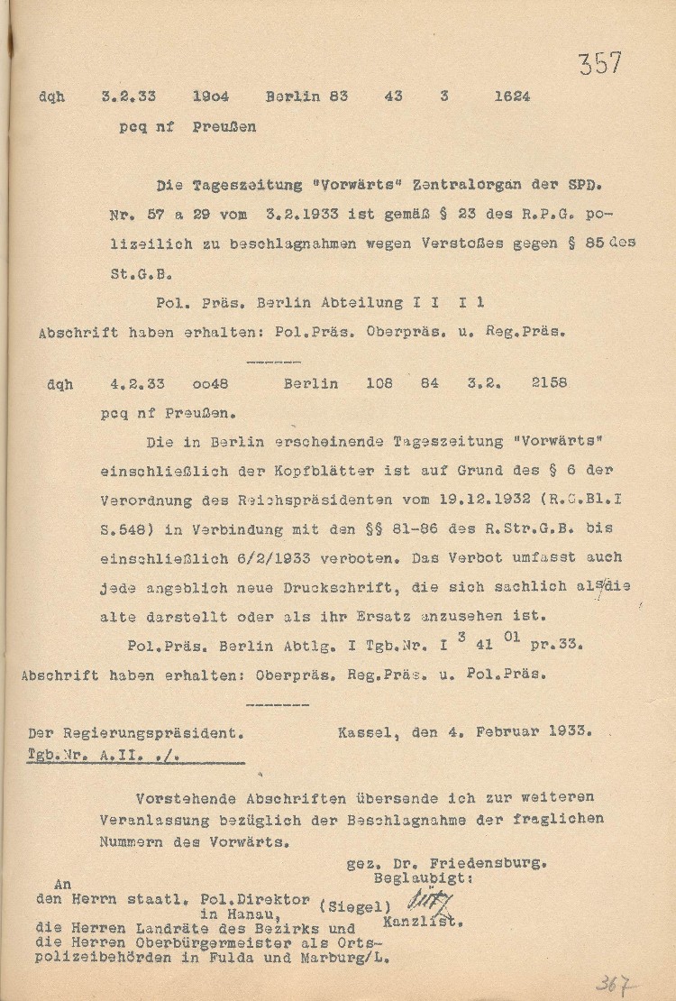 Beschlagnahmung des „Vorwärts“ vom 03. Februar 1933 und Verbot bis einschließlich 06.02.1933 auf Grund des § 6 der Verordnung des Reichspräsidenten vom 19.12.1932 (RGBl. I 1932, S. 548)