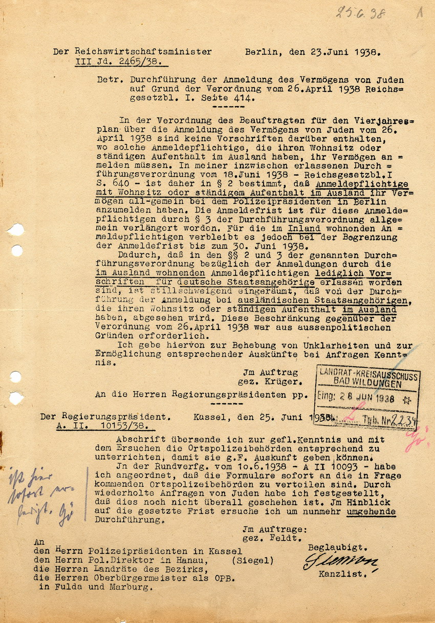 Schreiben des Reichswirtschaftsministers betreffend Anmeldung des Vermögens von im Ausland wohnenden oder sich dort ständig aufhaltenden Juden, 23. Juni 1938.