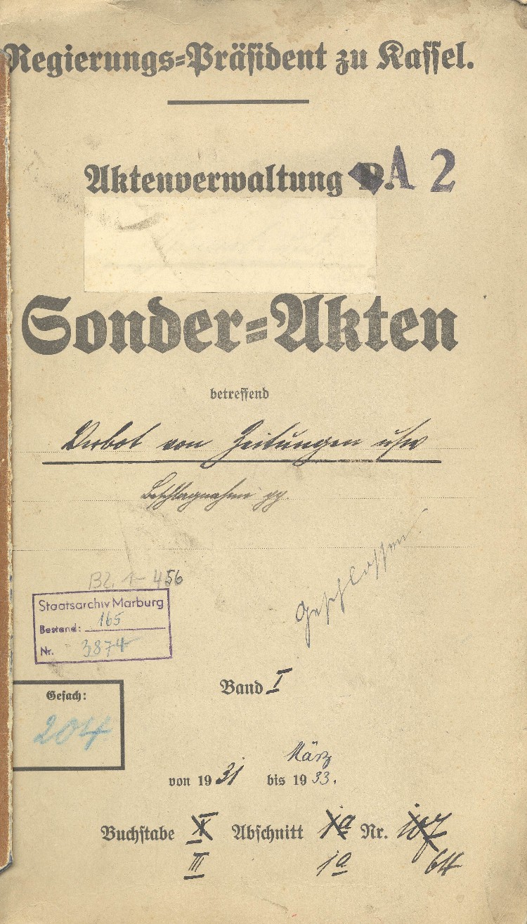 Aktendeckel: Sonderakten betreffend Verbot von Zeitungen Bd. I, 1931 bis März 1933