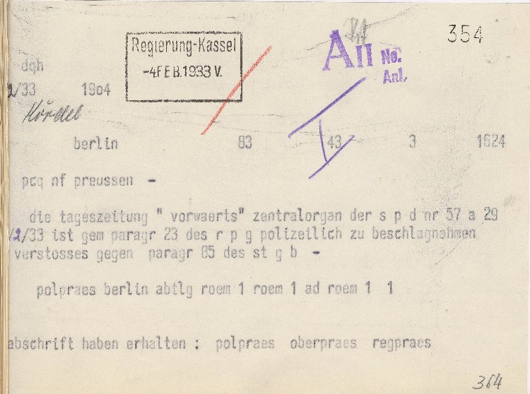 Funkspruch betr. Beschlagnahme des Vorwärts vom 3. Febr. 1933
