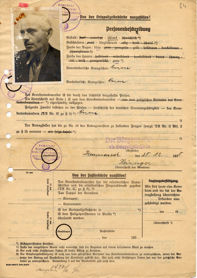 Antrag von Max Rothschild, ausgestellt durch den Bügermeister in Zimmersrode. Antrag auf Ausstellung einer Kennkarte, mit Personenbeschreibung und Geburtsurkunde, 28.12.1938