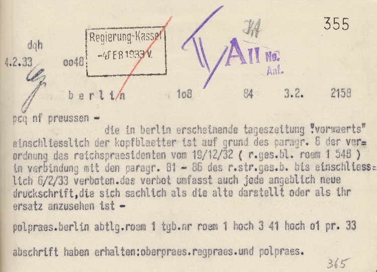 Funkspruch betr. Verbot der Zeitschrift "Vorwärts" bis einschließlich 06.02.1933