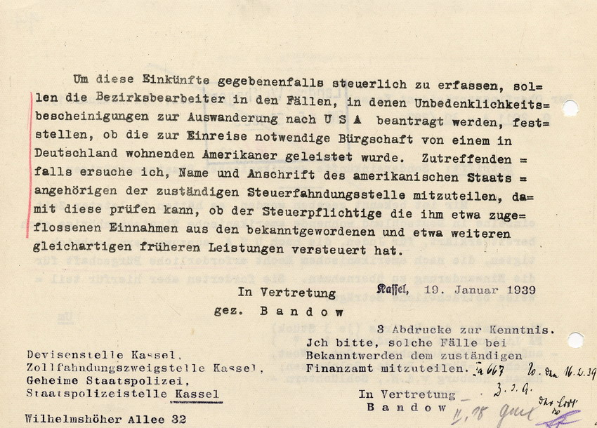 Der Oberfinanzpräsident aus Kassel die Sondereinkünfte amerikanischer Staatsangehöriger betreffend, 19. Januar 1939