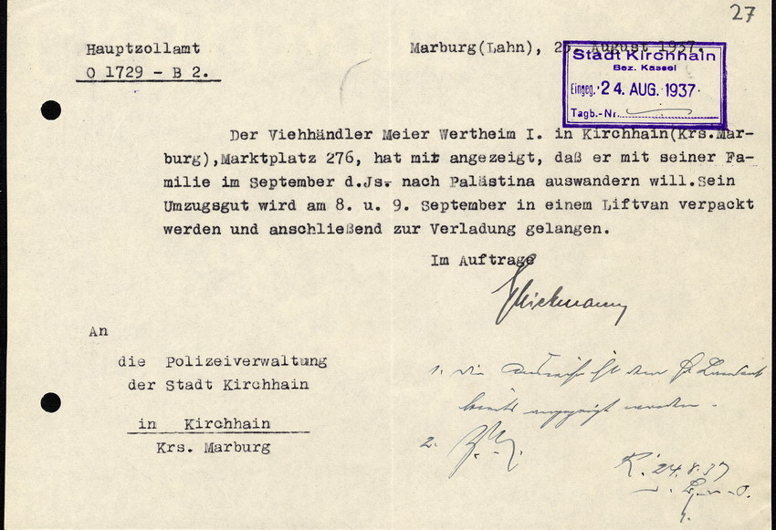 Das Hauptzollamt in Marburg schreibt an die Polizeiverwaltung der Stadt Kirchhain, bezüglich der Ausreise des Viehhändlers Meier Wertheim, 25. August 1937