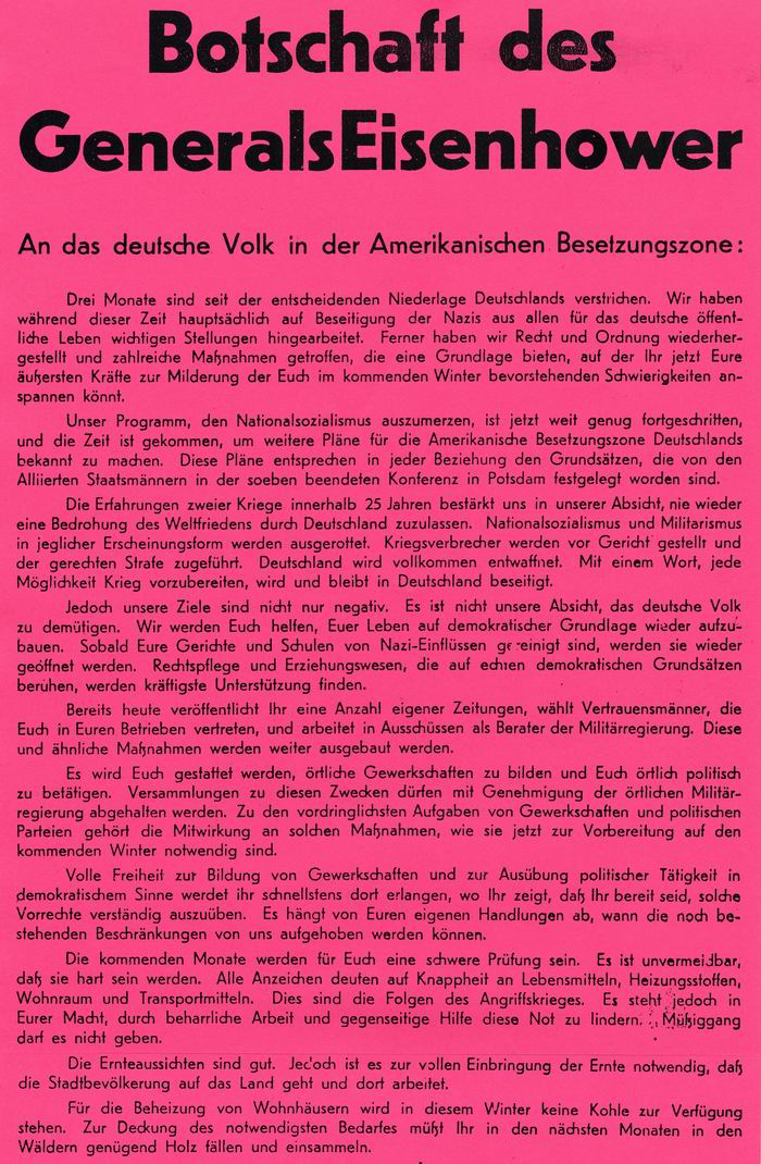 Anschlag: "Botschaft des Generals Eisenhower an das deutsche Volk vom 6. August 1945"