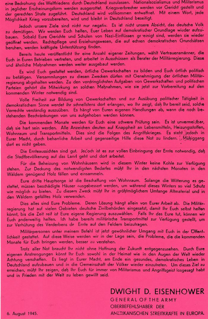 Anschlag: "Botschaft des Generals Eisenhower an das deutsche Volk vom 6. August 1945"