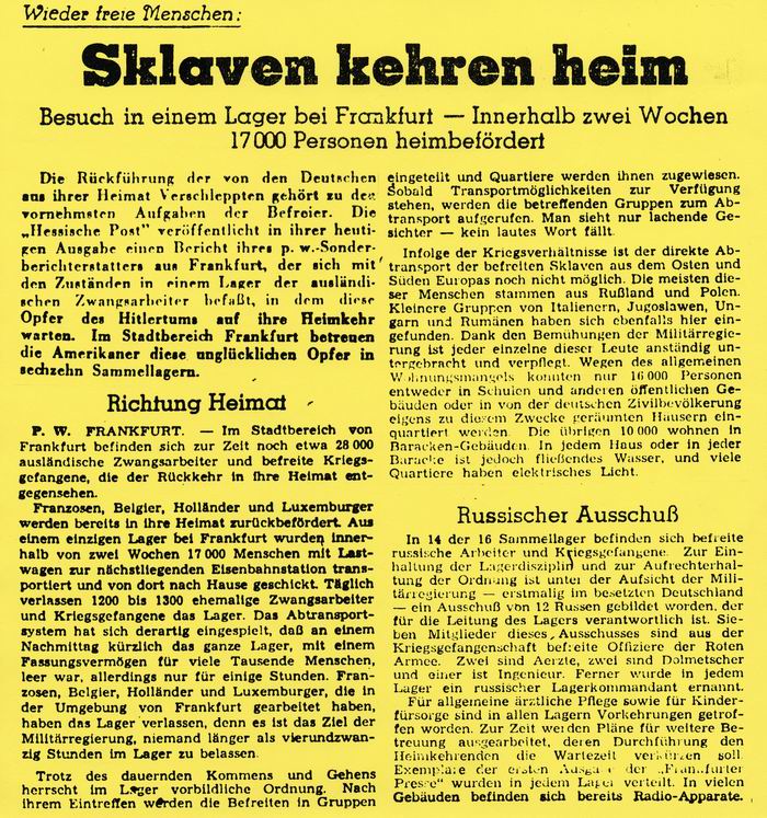 Zeitungsartikel: "Wieder freie Menschen: Sklaven kehren heim"