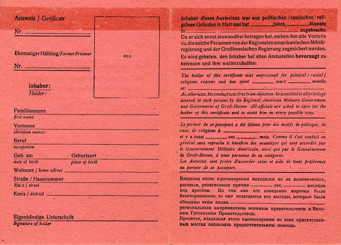 Dokument: Sonderausweis für politisch, rassisch und religiös Verfolgte