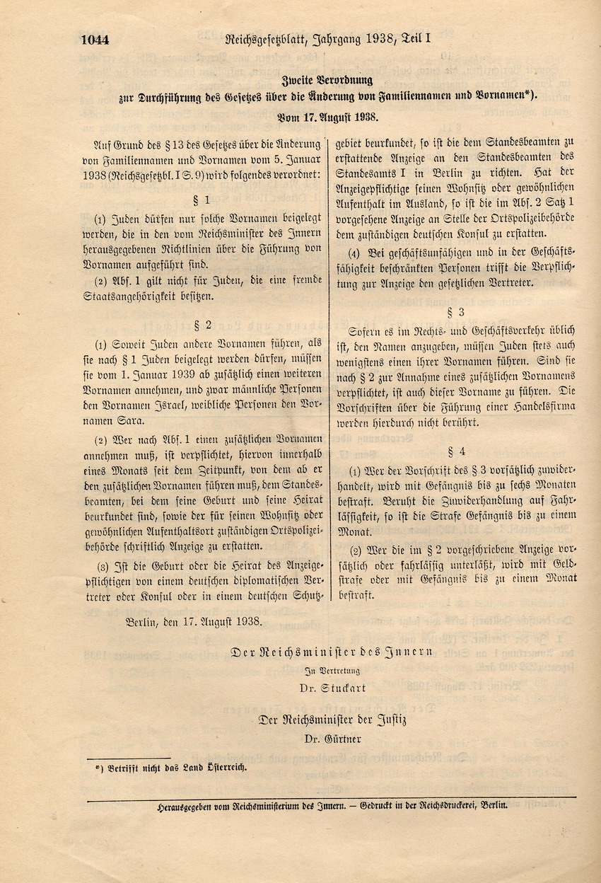 Zweite Verordnung zur Durchführung des Gesetzes über die Änderung von Familiennamen und Vornamen, 17. August 1938.
