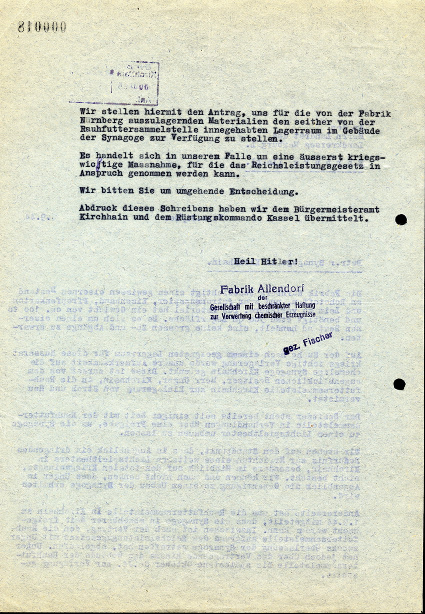 Die Fabrik Allendorf schreibt an den Bürgermeister in Kirchhain bezüglich der ehemaligen  Synagoge, 6. September 1944