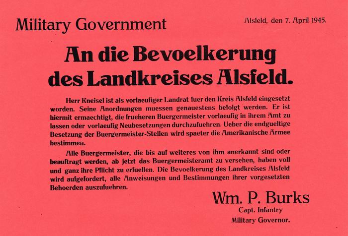 Anschlag: An die Bevölkerung des Landkreises Alsfeld: Herr Kneisel ist als vorläufiger für den Kreis Alsfeld eingesetzt worden.