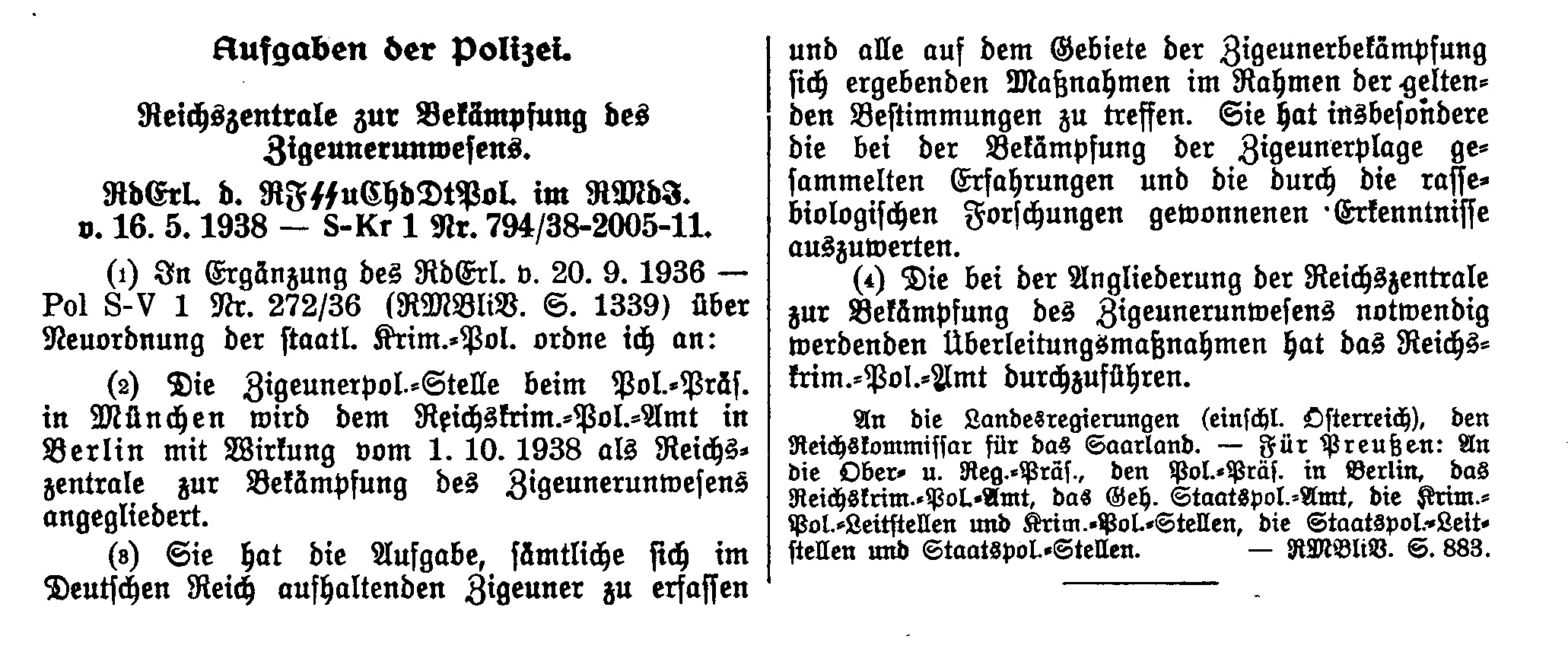 Runderlass zur Schaffung einer "Reichszentrale zur Bekämpfung des Zigeunerunwesens", 16. Mai 1938