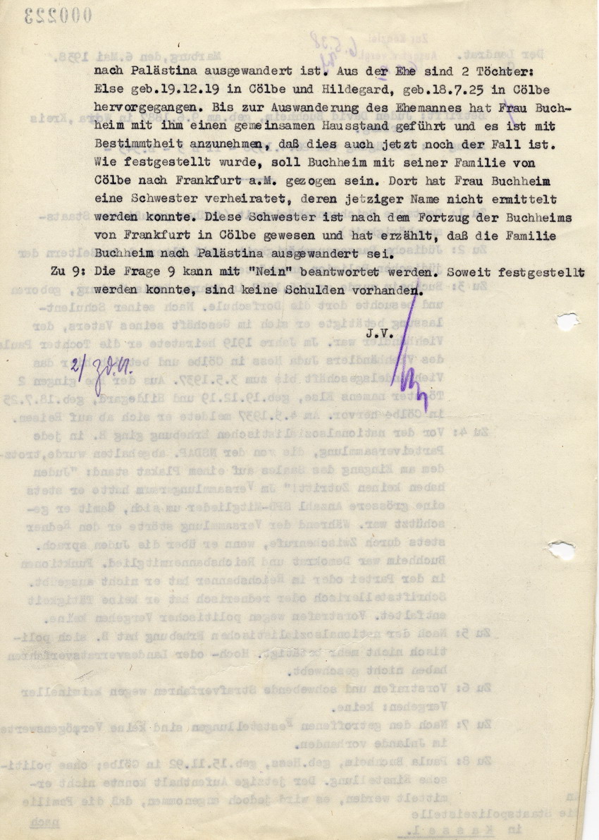 Schreiben des Landrats in Marburg an die Staatspolizeistelle in Kassel betreffend Beantwortung des Fragenkatalogs für die "Ausbürgerung" von David Buchheim, 6. Mai 1938.