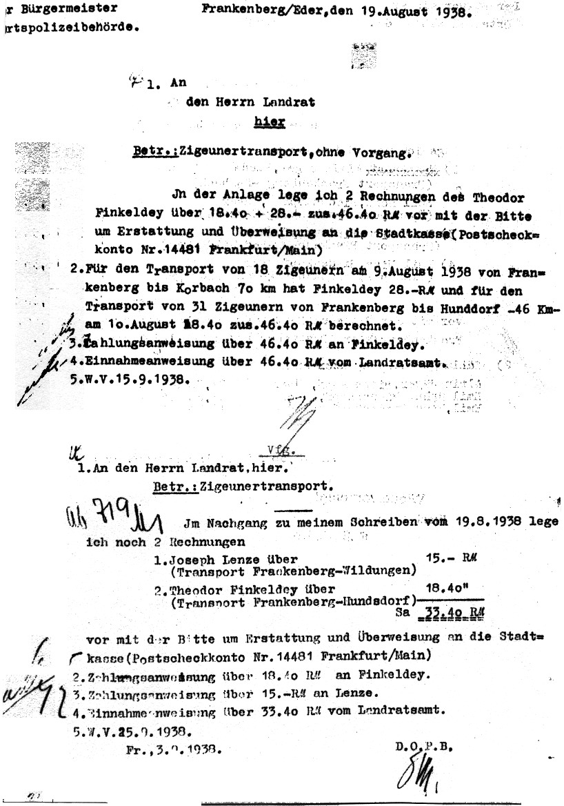 Schreiben des Bürgermeisters von Frankenberg an der Landrat wegen der Kosten des Abschubs von Sinti und Roma, 19. August 1938