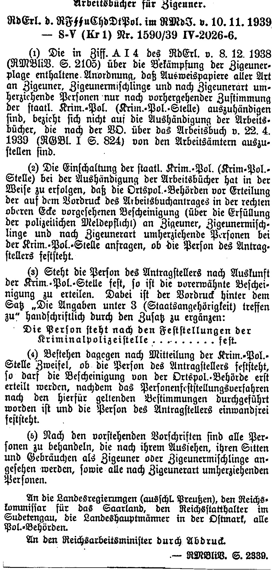 Runderlass zur Einführung spezieller Arbeitsbücher für Sinti und Roma, 10. November 1939