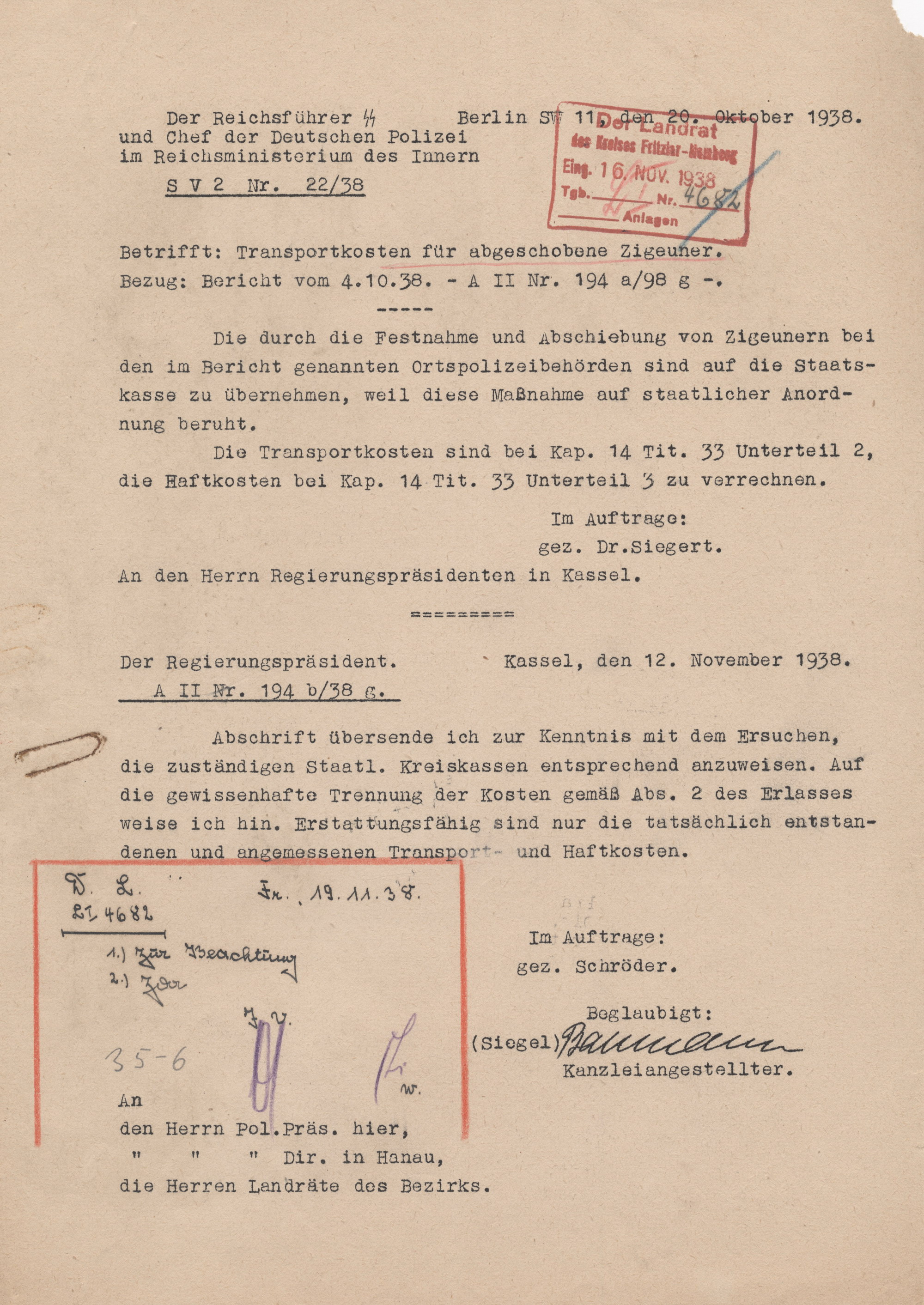 Schreiben des Reichsführers SS an den Regierungspräsidenten in Kassel wegen der Kosten des Abschubs von Sinti und Roma, 20. Oktober 1938