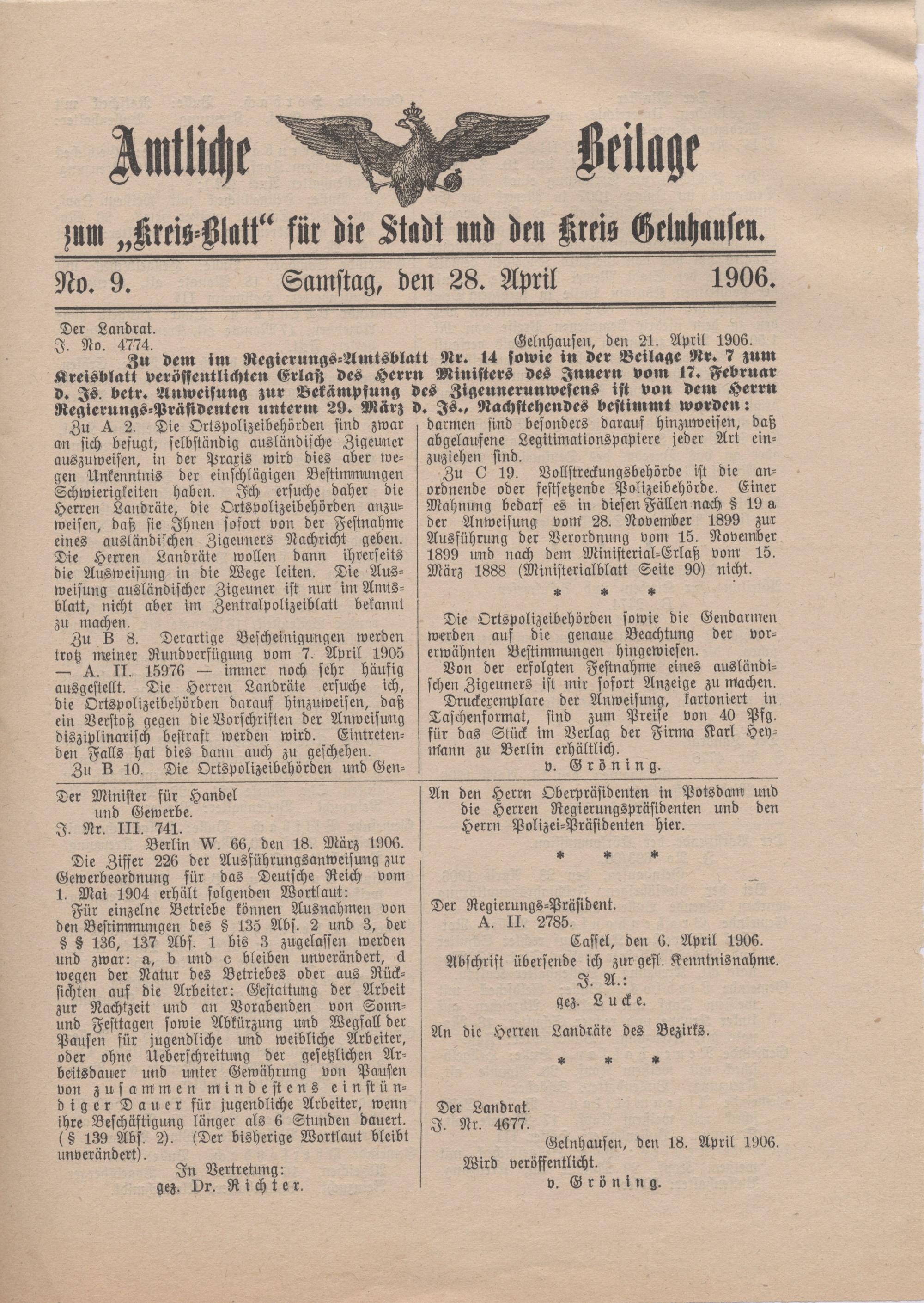 Verfügung des Landrats von Gelnhausen zur Umsetzung der Ministrialanweisung zur "Bekämpfung des Zigeunerunwesens" vom 17. Februar 1906, 21. April 1906