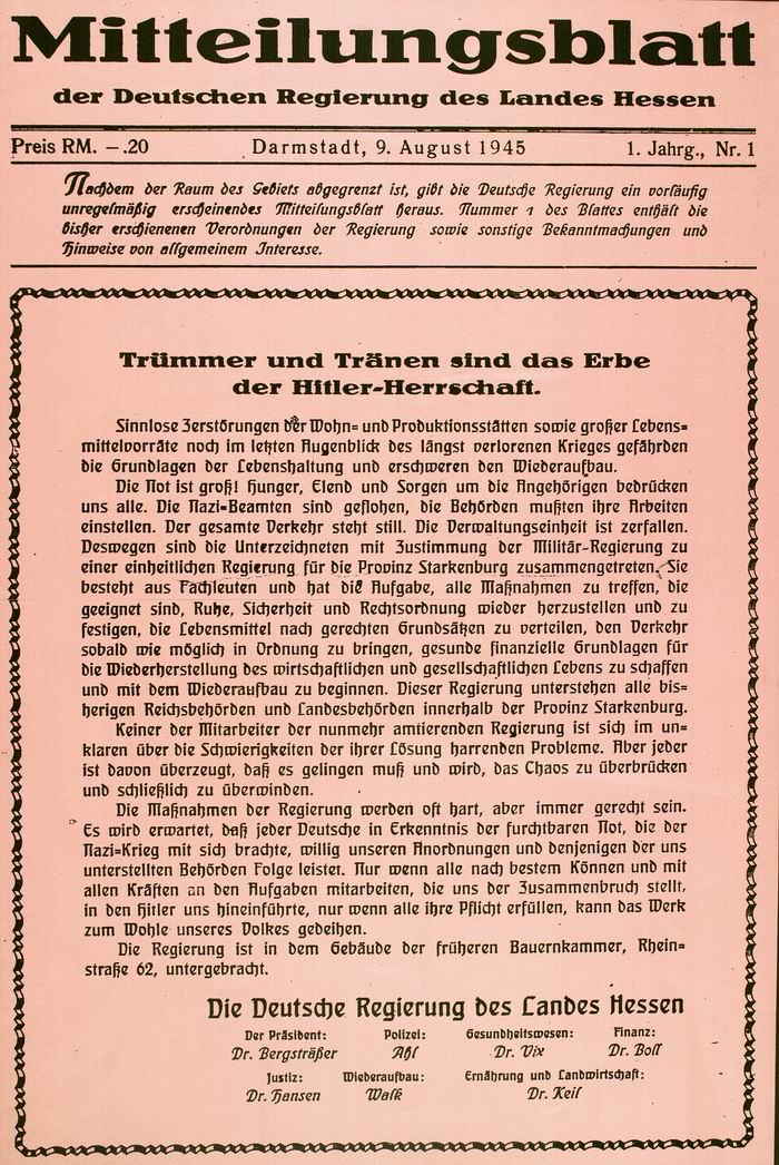 Plakat: Mitteilungsblatt der Deutschen Regierung des Landes Hessen: Bekanntmachung über die Bildung der deutschen Regierung für die Provinz Starkenburg