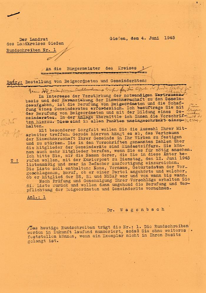 Rundschreiben: des Landrats in Gießen an die Bürgermeister vom 4.6.1945, Beigeordnete und Gemeinderäte zu bestellen
