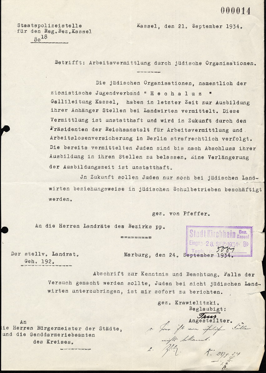 Die Staatspolizeistelle für den Bezirk Kassel an die Bürgermeister sowie Gend. Beamten des Kreises, betreffend die Arbeitsvermittlung durch jüdische Verbände u. Organisationen, 21. September 1934