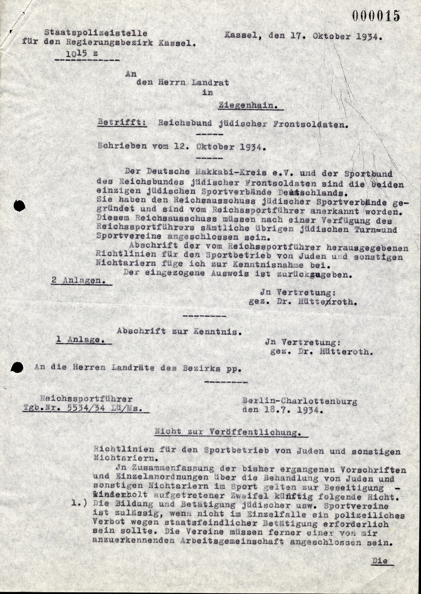 Die Staatspolizeistelle für den Bezirk Kassel schreibt an den Landrat in Ziegenhain, sowie die Landräte des Bezirks, betreffend den Reichsbund jüdischer Frontsoldaten, 17 Oktober 1934